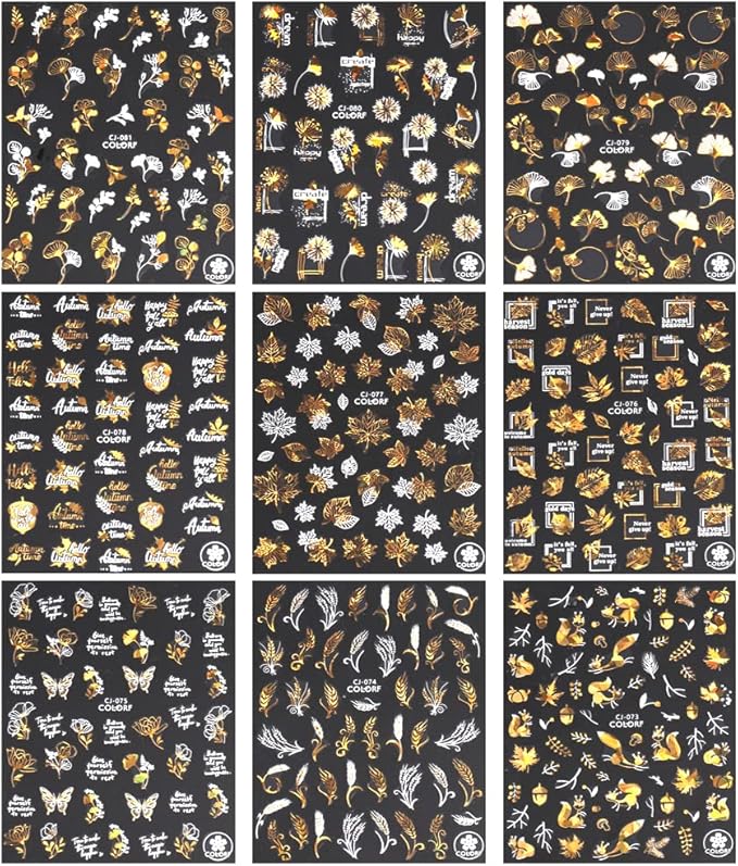 Autumn Leaves Nail Decals,Bronzing Fall Nail Stickers White Laser Gold Maple Leaf Nail Art Stickers,3D Self-Adhesive Stickers for Nails Decorations Accessories Women DIY Nail Supplies,9 Sheets/Set