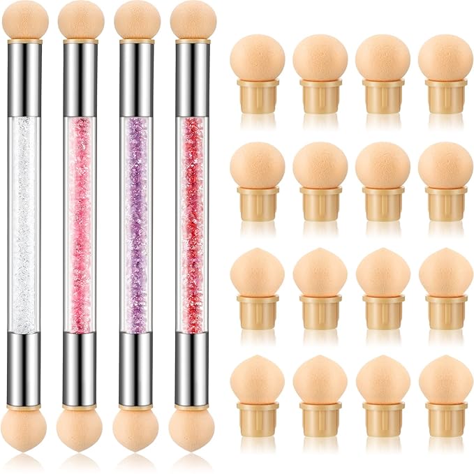 Maitys 4 Pcs UV Gel Gradient Sponges Pens with 16 Pcs Replacement Head Nail Sponges for Ombre Double Head Brush for Nail Art Manicure DIY Tools(White, Pink, Purple, Red)