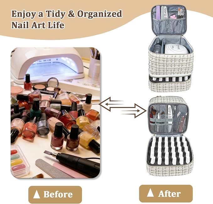 JEWHITENY Nail Polish Organizer Bag Holds 30 Bottles & Nail Lamp,Double-Layer Nail Polish Storage Bag with Adjustable Dividers,Portable Nail Kit Bag For Nail Stuff & Manicure Tools (White)
