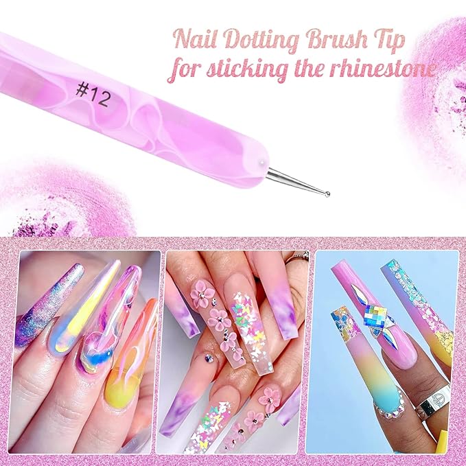 French Manicure Brush - Two Way Nail Art Brush with Dotting Tool for Cuticle Clean Up & Nail Art Design - Professional Salon Quality, Pink (12#)