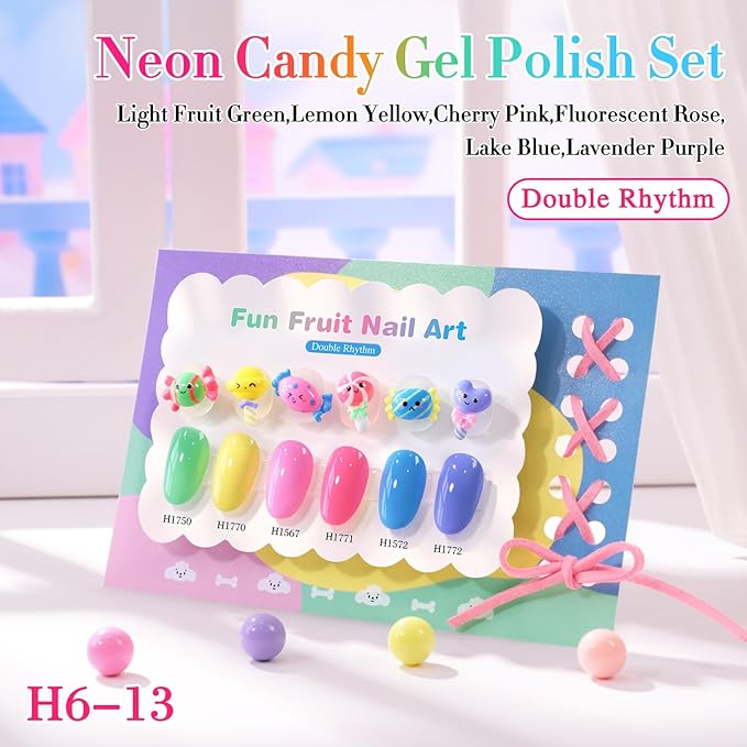 Double Rhythm 6 Pcs Hema Free Gel Polish Set 0.50 OZ Same Color Same Bottle Soak Off Neutral Natural Gel Polish Kit Nail Manicure Salon DIY at Home (Neon Yellow Green Pink Rose Blue Purple-H6-13)