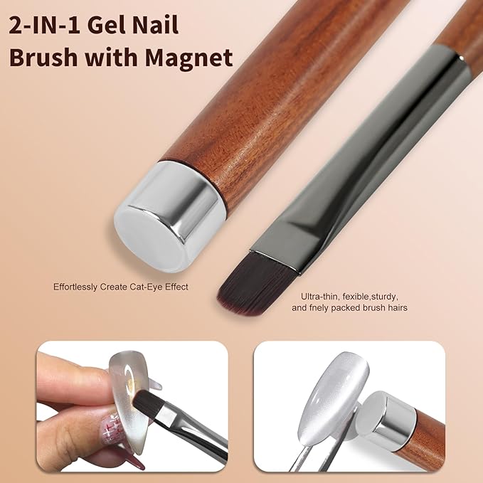 2 IN 1 Acrylic Nail Brush with Magnet,Dual-Ended Nail Art Brush,Cat Eye Magnet for Nails Polish Brushes for Nail Art, Flat Brush for Home Use or Salon