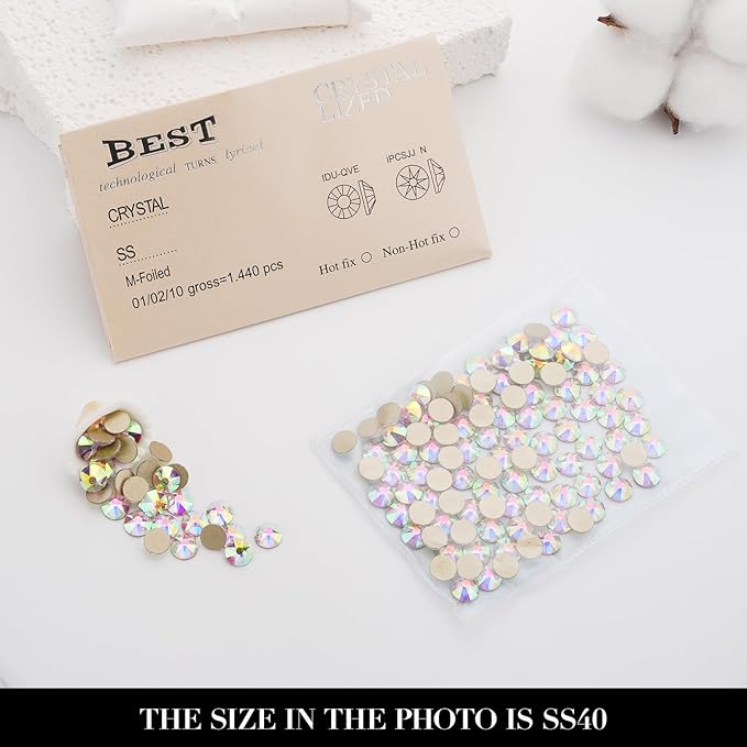 Novani Crystal AB Rhinestones 144pcs Flat Back Round Rhinestone Style 2088 Sparkly Crystal Gemstones for Nail Art and Crafting SS40,8.4-8.7mm