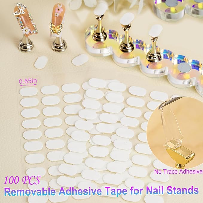 2 Set Nail Stands, Thickened Metal Nail Stand for Press Ons, Aurora Heart Nail Polish Holder for Painting, Fake Nail Display Stand Nail Practice Magnetic Nail Art Tools w/ 100Pcs Reusable Glue Tabs
