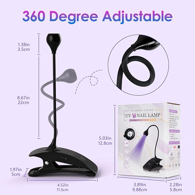 AORAEM UV Nail Lamp 3W Rechargeable Gooseneck UV Light for Gel Nails Touch Flash Cure Lamp Nail Dryer with Clamp, Portable LED Gel Light 3 Level Timing Home Professional DIY Manicure Salon, Black