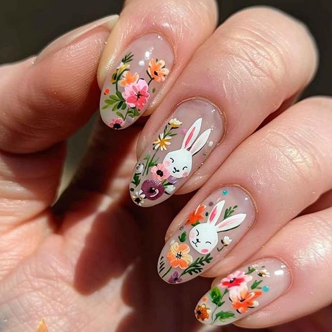 Easter Rabbit Press on Nails Medium Almond Shaped Fake Nails Cute Bunny Rabbit Designs Spring Colorful Flower False Nails Full Cover Acrylic Nails Stick on Nails for Women Nails Manicure Decor 24 Pcs