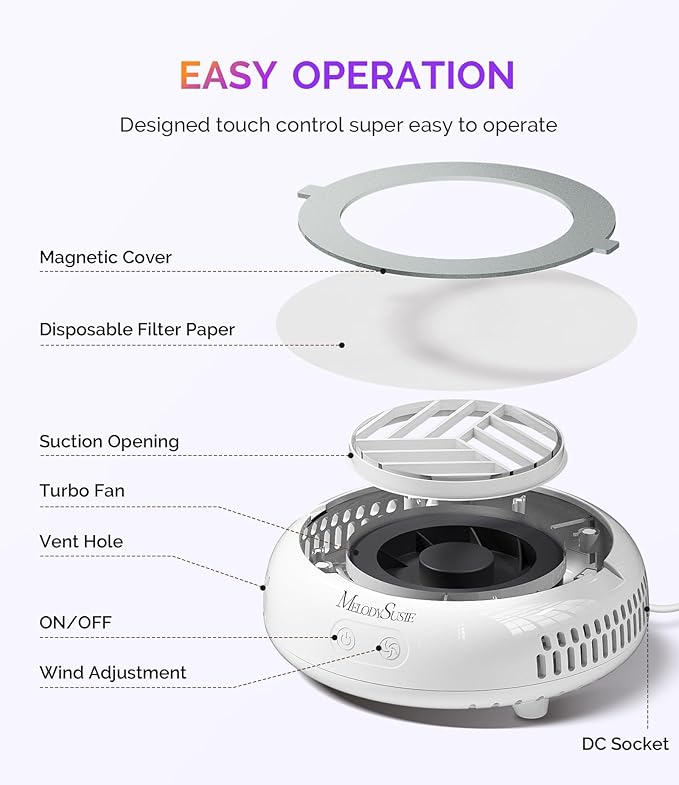 MelodySusie PocketSized Nail Dust Collector with Lightweight Design,HProA 6000RPM Ultra-Small Nail Vacuum Fan with 3 Suction Modes and 30 Disposable Filter Papers for Beginner & Daily Nail Care,White
