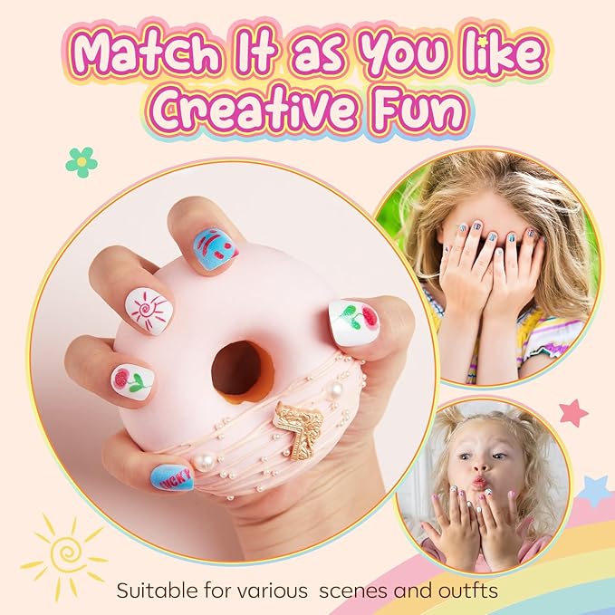 Modelones Press on Nails for Kids 144Pcs 6 Pack Children Acrylic Fake Nails Pre-glue Full Cover Glitter Color Unicorn Ocean Short False Nail Art Kits Sets Thanksgiving Christmas Gifts for Girls