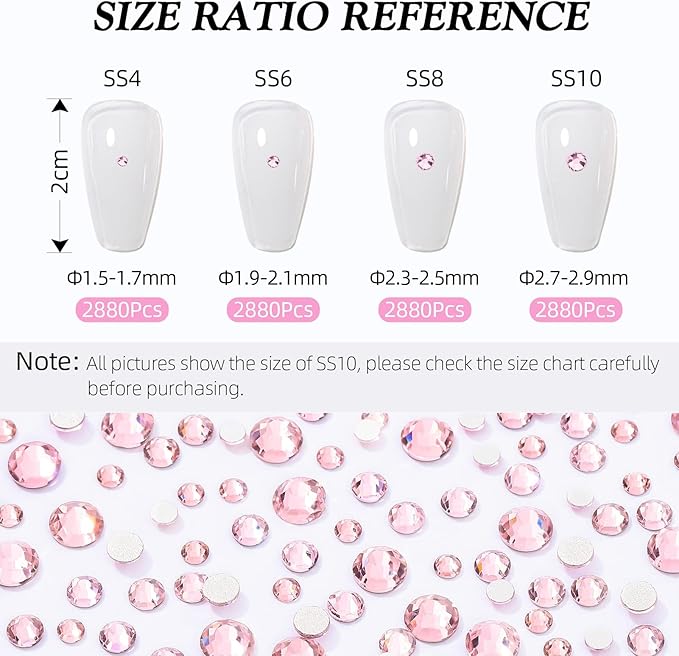 Pink Flatback Rhinestones, Glass Rhinestones for Nail Art and Craft, Glue Fix, Loose Crystal Gemstones(Pink, SS8, 2880pcs, 2.3-2.5mm)