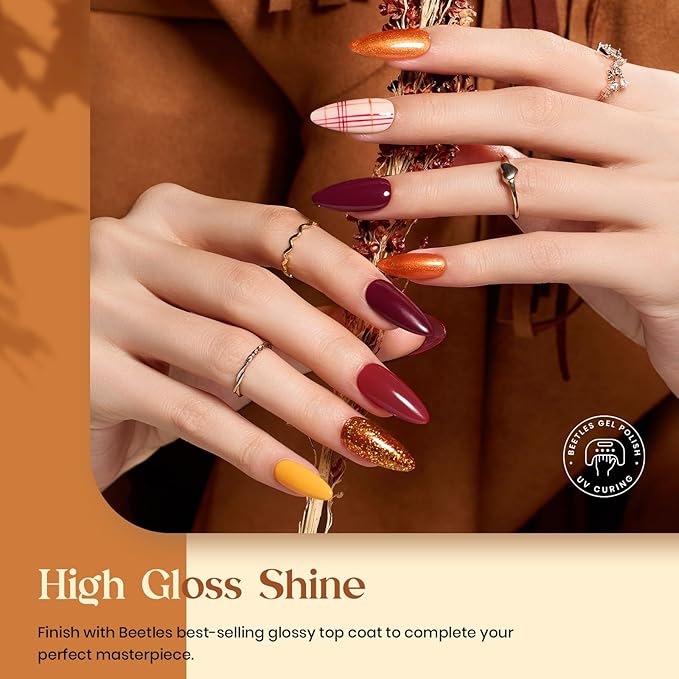 beetles Gel Polish Set Gel Nail Polish 6 Colors Burgundy Brown Yellow Glitter Orange Gold Nail Polish UV LED Nail Lamp Home DIY Manicure Nail Art Gift for Women Golden Blessing