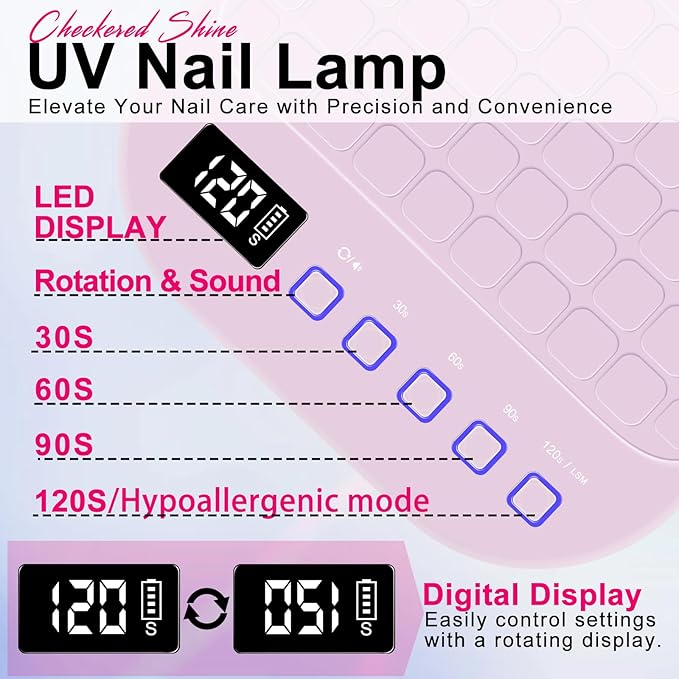 MEKK Cordless UV LED Nail Lamp,54W UV Light for Gel Nails with Hand-Friendly Red Light,Auto Sensor Professional Flash Cure Lamp with Rotatable LCD Display for Salon and Home,Checkered Design-Pink