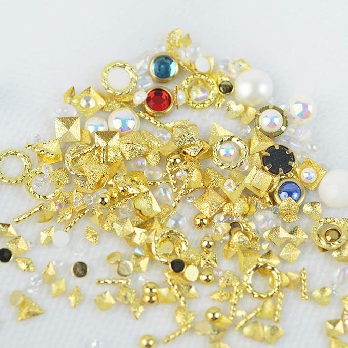 Nail Studs 3D Nail Charms Decals for Women,6 Box Metal Mixed Shaped Nails Art Rhinestones Jewelry Caviar Beads Decorations With Tweezers Supply Kit Gold Silver Rose Gold