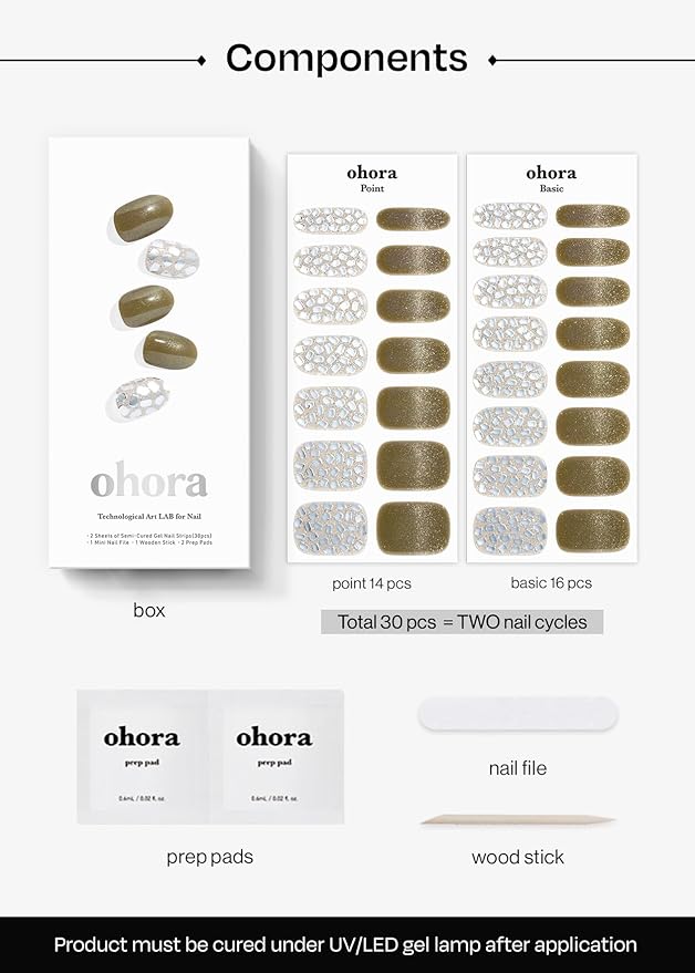 ohora Semi Cured Gel Nail Strips (N Olive Glow) - Works with Any Lamps, Salon-Quality, Long Lasting, Easy to Apply & Remove - Includes 2 Prep Pads, Nail File & Wooden Stick