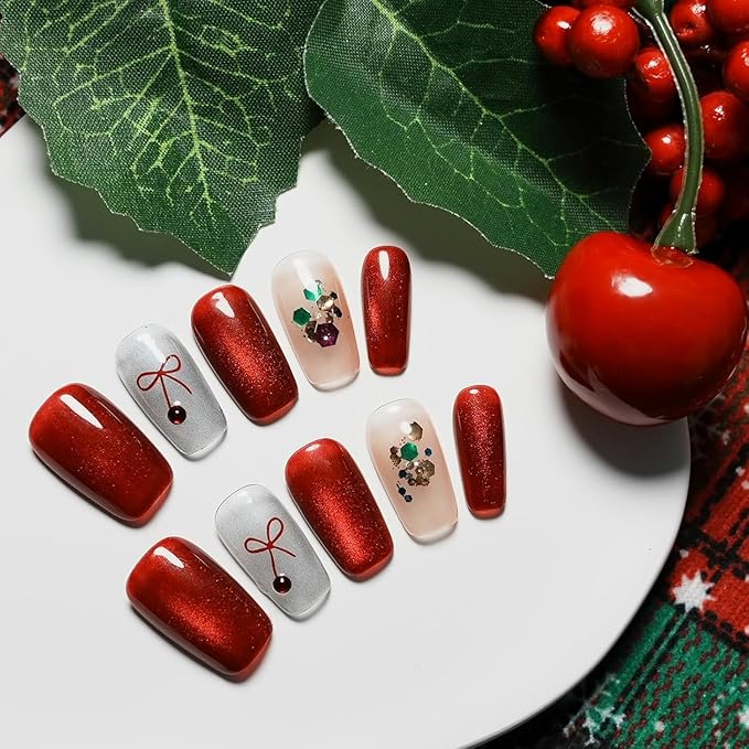 Valentine Red Press on Nails Short Coffin - Red Cat Eye & Glitter Blue with Bow Multi-colored Decorative Accents New Year Fake Nails for Winter Holiday(Holiday Wishes,M)