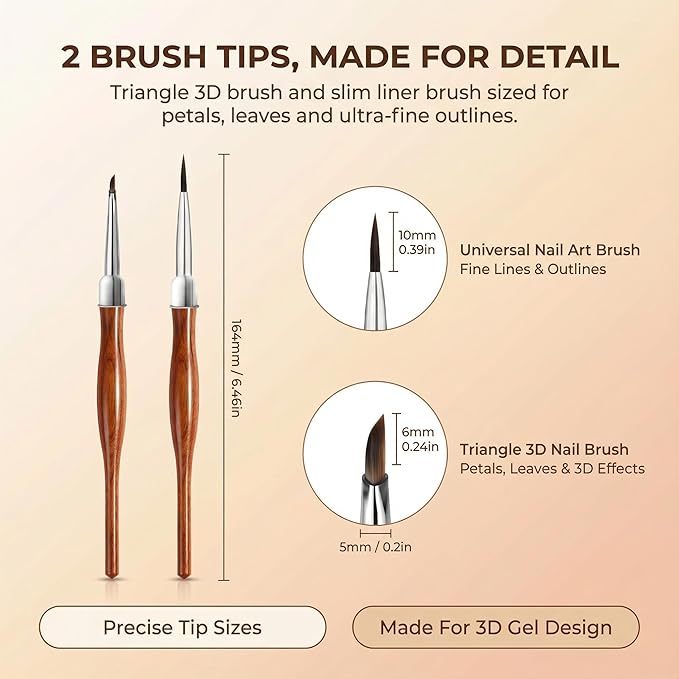 2Pcs Nail Art Brush Set, Multi-Functional 3D Nail Pen for Gel Extensions, Builder Nail Gel Design and Home DIY Manicure (Wood Color)