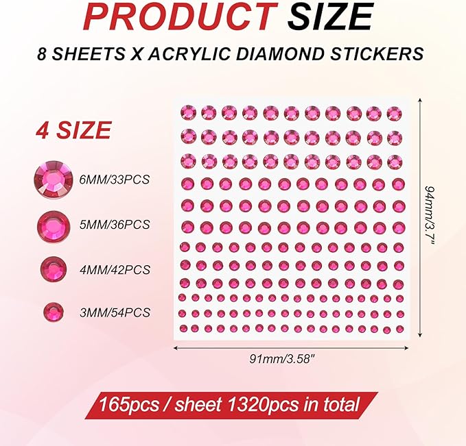 PATIKIL 1320 Pcs Acrylic Gem Sticker, 4 Size 3/4/5/6mm Self Adhesive Rhinestones Face Gem Stones Bling Jewelry for Nail Art Craft Clothes DIY Makeup Decoration Party, Rose Red