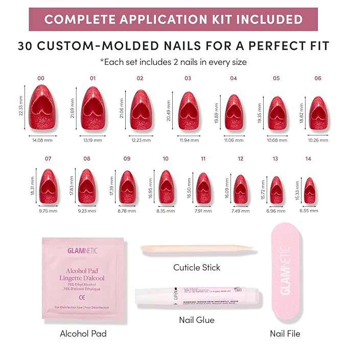 Valentines Day Glamnetic Press On Nails - Sent With Love | Short Almond Fake Nails in Bright Red with Cat-Eye Magnetic Heart Designs in a Velvet Finish | 15 Sizes - 30 Nail Kit with Glue