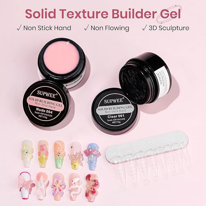 Solid Builder Gel for Nail Extension Clear Nude Non-Stick Hand Sculpture Hard Gel with Dual Form Flower Nail Strengthen Nails Art for Home DIY Nails Salon Lamp Cure Require 2 Colors 14g