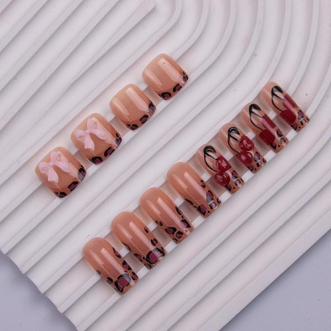 48Pcs Square Press on Nails Medium & Press on Toenails Set, Leopard Print French Tip Press on Nails Pink Fake Nails 3D Bow Press on Toe Nails for Women Manicure Kit