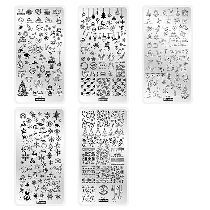 5Pcs Snowflake Nail Stamping Plates - Christmas Theme Santa Reindeer Tree Bell Snowman Winter Image Nail Art Design Stamp Kit Manicure Template Mold New Year Stencils Painting Tool