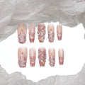 Sun&Beam Nails Handmade Press-on Medium Long Coffin Ballerina Pink White Silver Christmas 3D Sweet Design Fashion False Nail Tips 10 Pcs Set (#196 M)