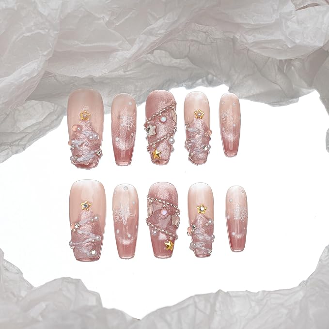 Sun&Beam Nails Handmade Press-on Medium Long Coffin Ballerina Pink White Silver Christmas 3D Sweet Design Fashion False Nail Tips 10 Pcs Set (#196 L)