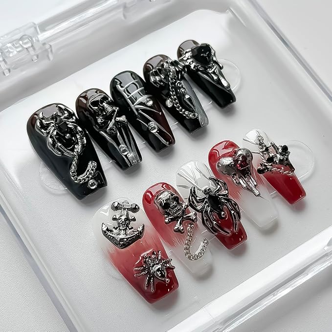Luxury Halloween Press on Nails Medium Coffin Handmade 3D Unique Reusable ABS Material Fake Nails Gothic False Nails with Designs Spider Skull Charms Glossy Glue on Nail Thick Acrylic Nail(M)