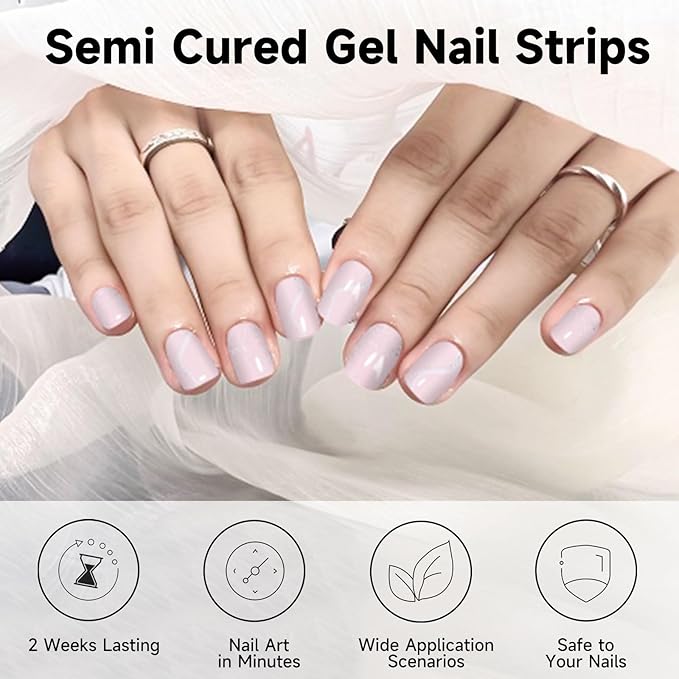 Semi Cured Gel Nail Strips, 28 pcs Gel Nail Stickers Work with Any UV Lights, Long-Lasting Nail Art Wraps, Stick on Nails for women Easy to Apply & Remove