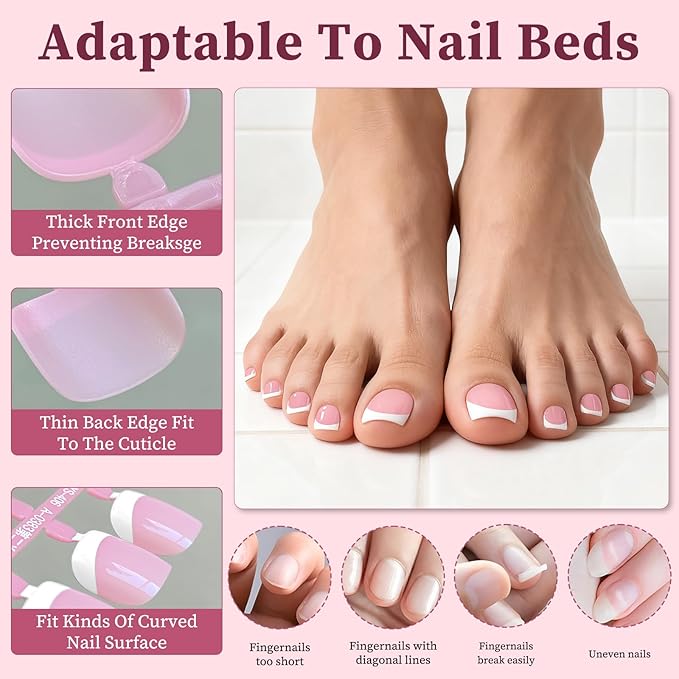 240PC Press on Toenails for Women Fake Toe Press on Nails French Tip Toe Nail Press ons with Sticky Tabs, 12 Size Fake Toenails Press ons Acrylic Toe Nail Tips Kit White Press on Toe Nails-F