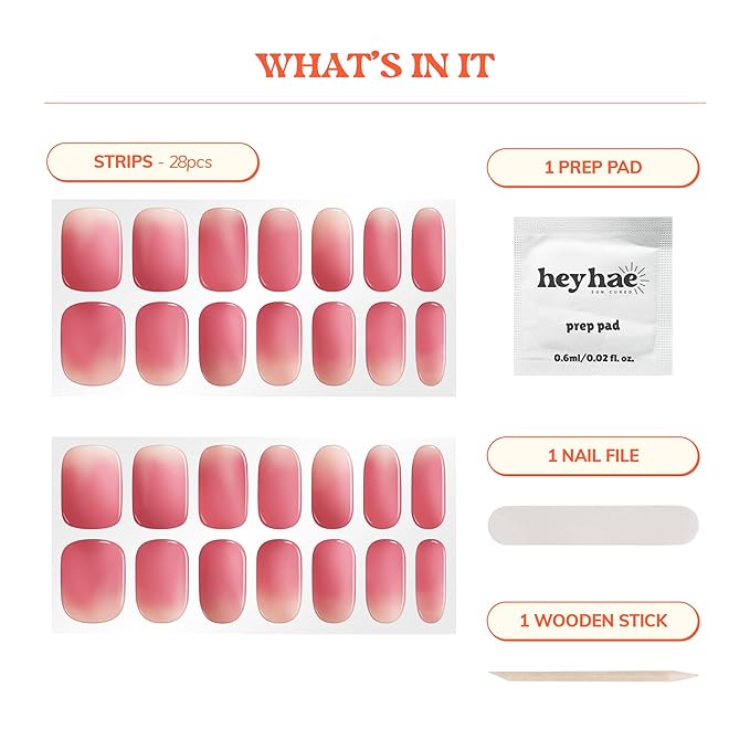 Heyhae Semi Cured Gel Nail Strips | Sun-Cured No LED Lamp Needed Easy Apply & Remove | Includes 28 Strips, 1 Prep Pad, 1 Nail File & 1 Wooden Stick - Hey, Rosy Ruby