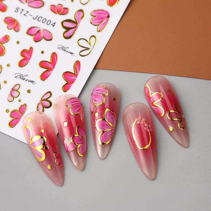 Stickers para Uñas Nail Stickers Self-Adhesive Sticker Gold Pink 3D Wild Flower Calcomanías para Uñas Gold Floral Art Design Accessories Hight Quality 4 Sheets