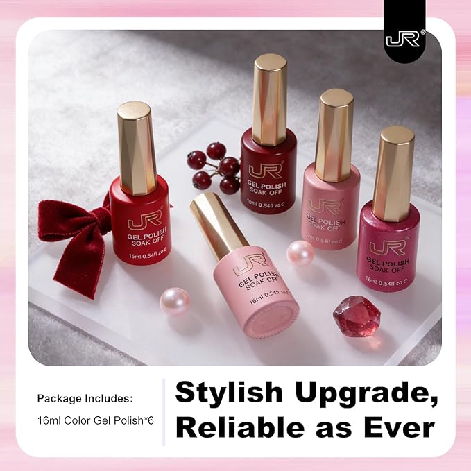 JR Pink Gel Nail Polish Set, 16ml Full Size Bottle 6 Colors Pink 9D Cateye Glitter Nail Gel Polish Gift Soak Off Led Nail Art Kit Salon DIY Colorful Bottle E