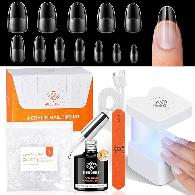 modelones Medium Oval Gel Nail Tips Kit, 9-in-One Nail Glue with Portable U V Lamp 216Pcs 12Sizes Pre-Etched Round Press ons Fake Acrylic Extension Kit DIY Salon Gift for Women