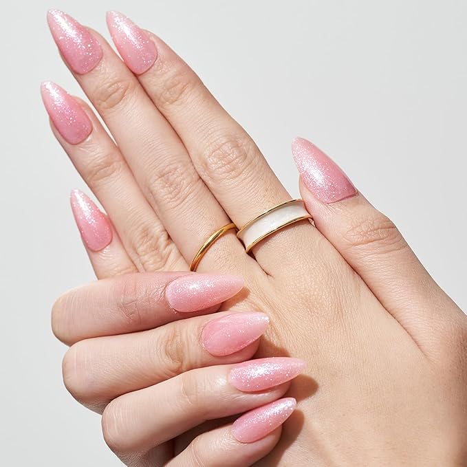 GLAMERMAID Pink Press on Nails Medium Almond, Handmade Glitter Light Pink Neutral Jelly Sofy Gel Glue on Nail Stiletto, Glossy Fake Nails Short Oval，Reusable Acrylic Stick on False Nail Kits for Women