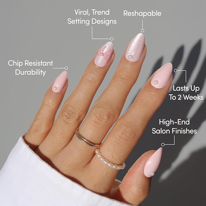 Valentines Day Glamnetic Press On Nails - Love Knot | Short Almond Fake Nails with 3D Pearls, Ribbon Bow Designs in a mix of Velvet & Glossy Finishes | 15 Sizes - 30 Nail Kit with Glue
