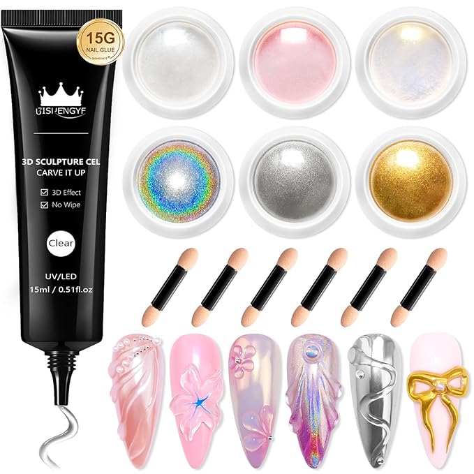 Rose Gold Chrome Nail Powder BISHENGYF - 15g 3D Nail Gel with White Pink Laser Nail Chrome Powder Non-Sticky Clear 3D Sculpting Gel Carving Gel for Nail Art Home DIY