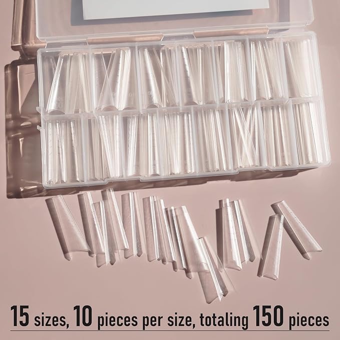 5cm Shallow Cover Nail Tips, D-Arc at the Stress Area, C-Arc Sculpted, Straight Coffin Shape, Can be Filed into Almond Shape, 150Pcs 15 Sizes with Auxiliary Lines