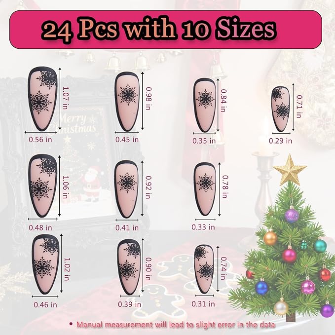 24pcs Black Snow Medium Almond Press On Nails, Reusable Nail Kit with Adhesive Tabs for Daily party and Christmas, 10 Sizes (Black Snow)