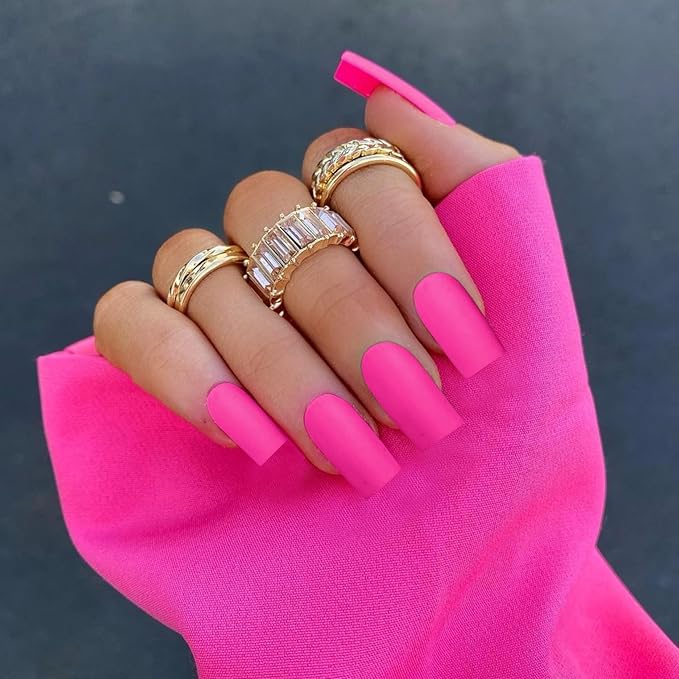 KQueenest Matte Hot Pink Press on Nails Long Medium Square, Neon Pink Fake Nails Medium Coffin, Sheer Color Acrylic Nails Press ons, Reusable Soft Gel Glue on Nails for Women Fall Winter