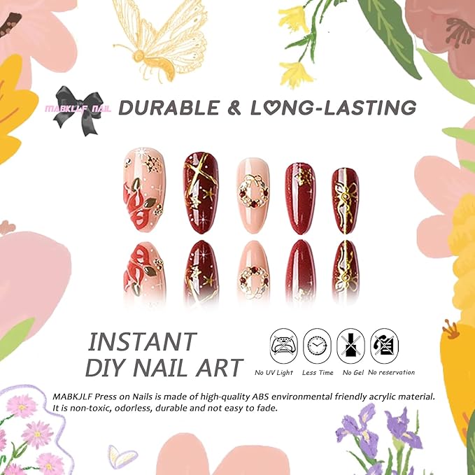 Christmas Press on Nails Medium Almond MABKJLF Fake Nails 3D False Nails with Flower Snowflake Stars Bow Pearls Rhinestones Designs Glossy Glue on Nail Winter Acrylic Nails for Women Girls 24Pcs