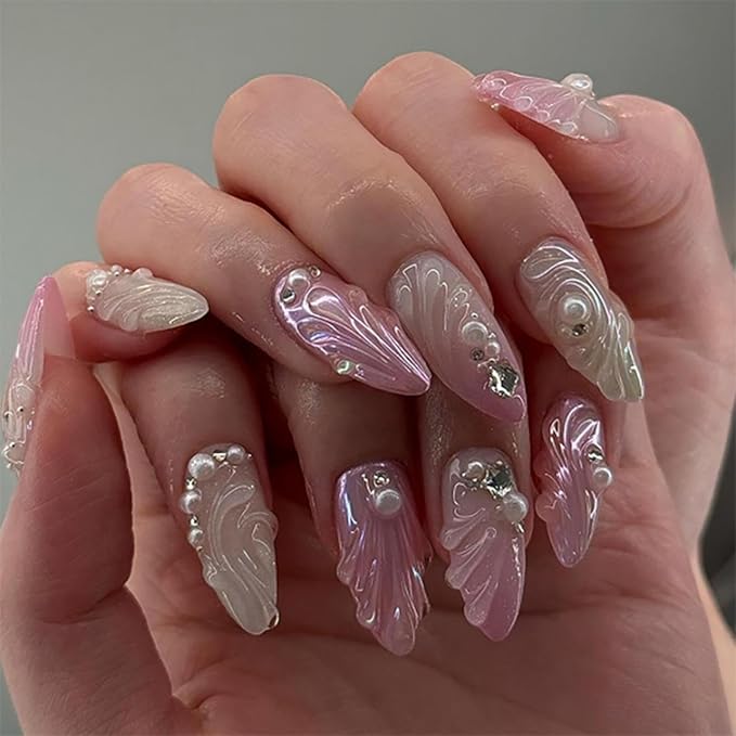 Summer Press on Nails Medium Almond Fake Nails with 3D Pearl Water Ripple Design Seashell Glue on Nails Ombre Pink Nude False Nails Glossy Reusable Handmade Nails for Women Girls Manicure 24pcs