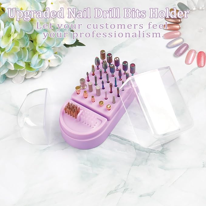 Nail Drill Bits Holder 2 in 1 Nail Drill Bits Cleaning Brush Case, 30 Holes Dustproof Acrylic Nail Drill Holder Storage Box, Nail Drill Bit Holder Stand Displayer Organizer for Home Salon Use (Purple)