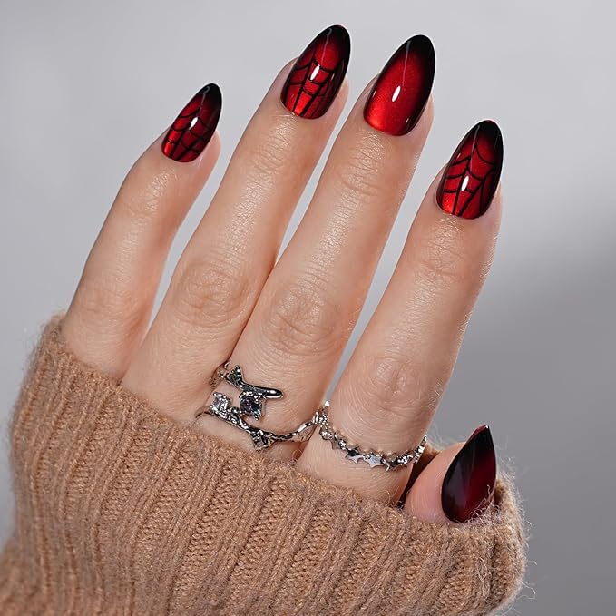 Red Spider Web Cat Eye Press On Nails Short Almond, Glossy Reusable Press On Nails for Women, 32 Count 16 Sizes Nail Kit with Glue (SV-10)