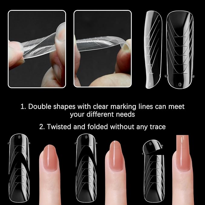 130 Pcs Poly Extension Gel Dual Nail Forms With Scale Builder Coffin Nail for Gel Manicure Art Design Salon DIY at Home (Long Round-Head Dual Forms Set)