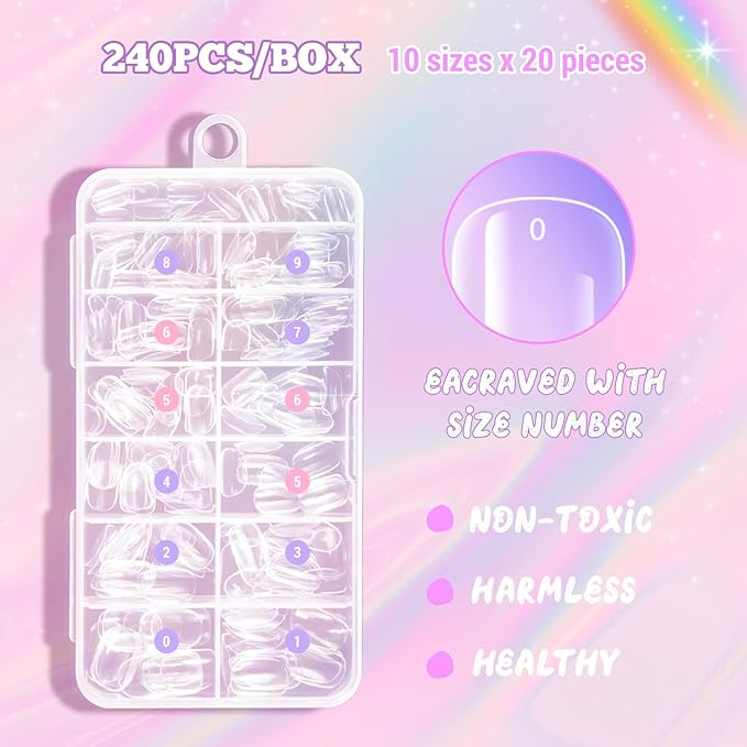 krofaue Kids Fake Nails - Short Oval Clear Nail Tips 240pcs Kids Press On Nails for Little Girls Full Cover Children Fake Nails Decoration 10 Sizes Acrylic Soft Gel Nail Tips (9-12 years old)