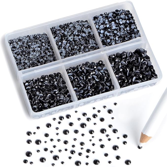 8000pcs Hotfix Rhinestones Flatback,Rhinestones for Crafts Clothes Mixed 6 Sizes, Hotfix Crystals with Wax Pencil Kit, SS3-SS12,Black