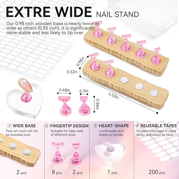 Nail Stand for Press On Art Display Practice 2 Sets, 1 Heart Acrylic Magnetic Nail Stands, Fake Nail Holder Tips, 200 PCS Double-Sided Tape, DIY Kit Home Supplies (Wood And Pink, Medium)