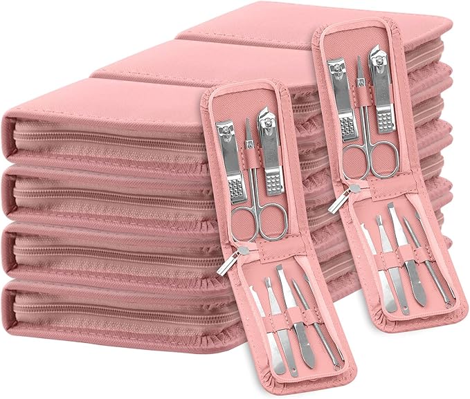 Manicure Set Bulk, Nail Clippers Kit Stainless Steel Fingernail Clippers Set, Sturdy Nail Tip Cutter Trimmers Professional Grooming Toenail Clippers Personal Pedicure Kits 8 in 1 (Pink 12 Pack)