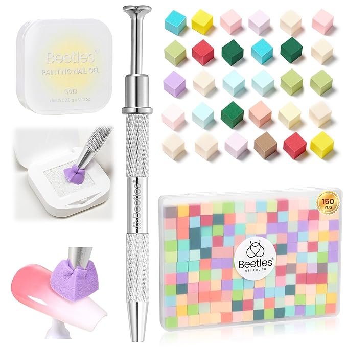 Beetles 150Pcs Soft Nail Sponges for Ombre, Colorful Nail Sponge with Grabbing Pen, White Pat Painting Gel Polish Kit for Gradient Ombre Blush Chrome Design Nails Art Tools, Home DIY Salon Manicure
