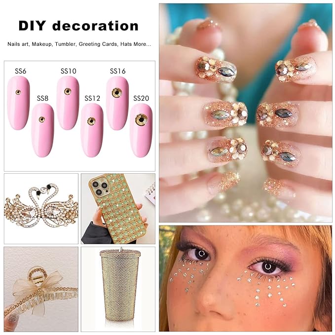 4240Pcs Brown Flatback Rhinestones 6 Sizes Crystal Diamonds for Nail Art Crafts Clothes Shoes with Tweezers and Picking Pen
